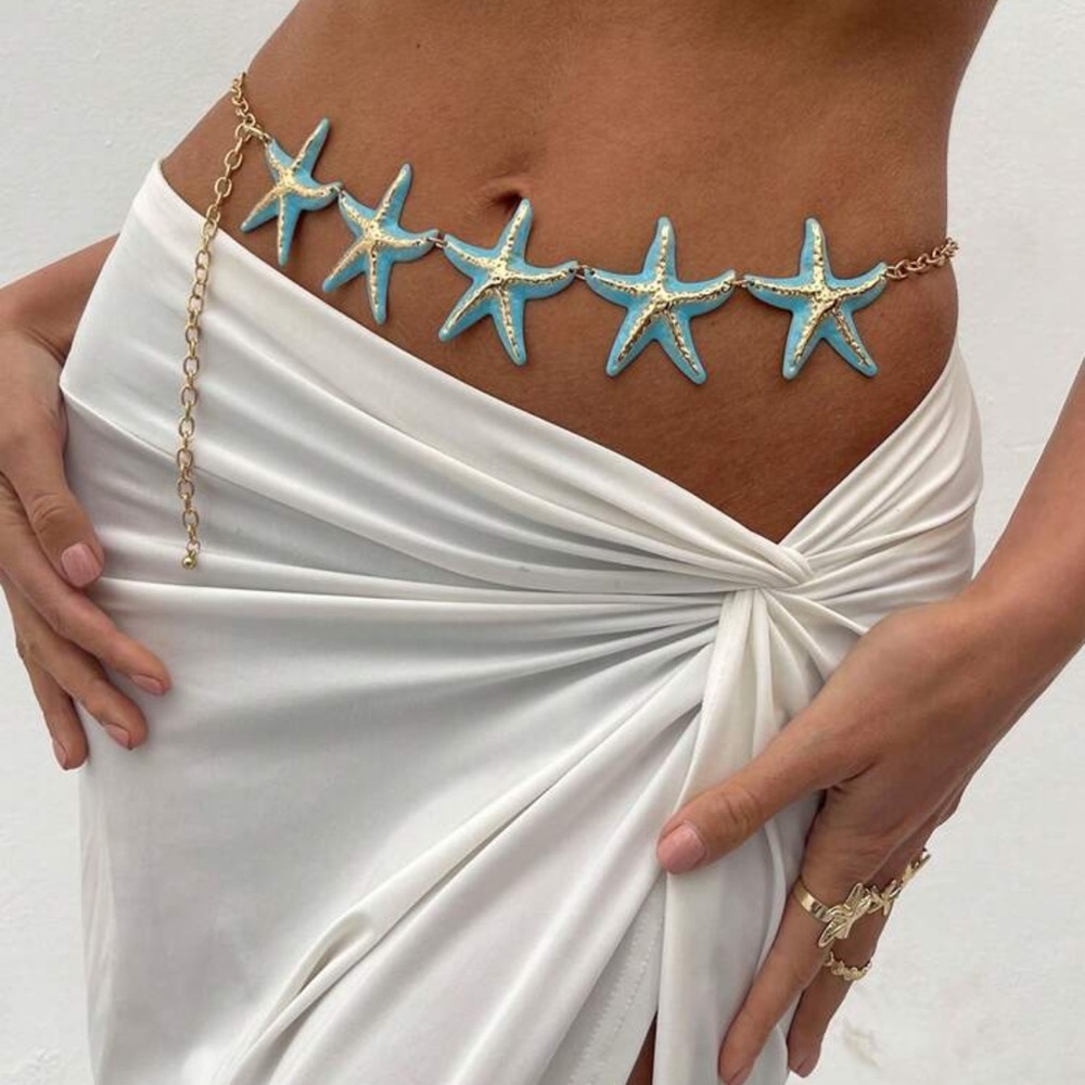 1pc Retro Bohemian & Ocean Style Gold Metal Starfish Decor Waist Chain/Belly